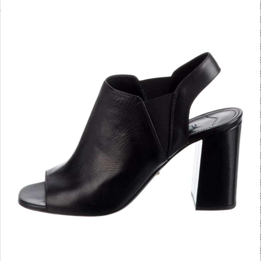 Prada Black Leather Peep Toe Slingback Sandal Block Heel